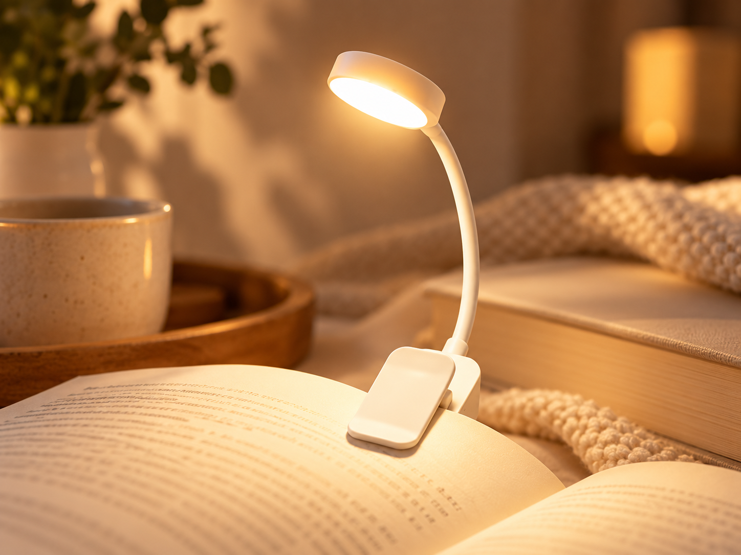 Detalle de LumiClip iluminando un libro con ambiente cálido
